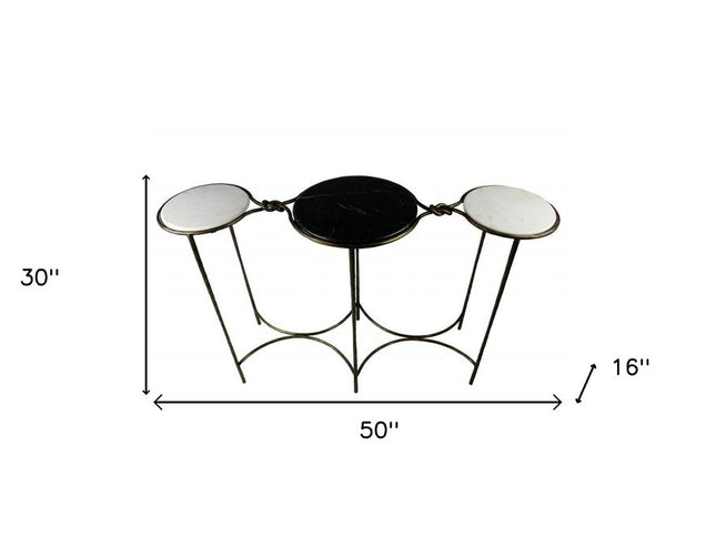 50" Black White And Gold Genuine Marble Round Six Leg Console Table