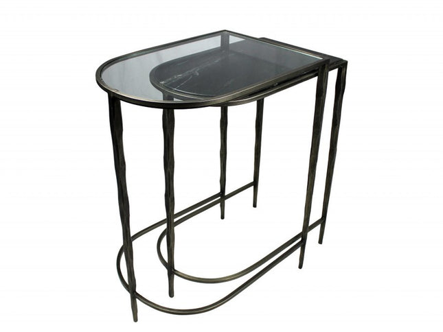 Set of Two 25" Black And Clear Glass And Genuine Marble Half Circle Three Leg Console Table