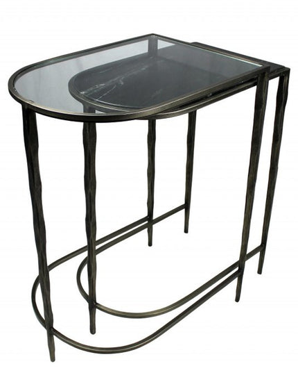Set of Two 25" Black And Clear Glass And Genuine Marble Half Circle Three Leg Console Table