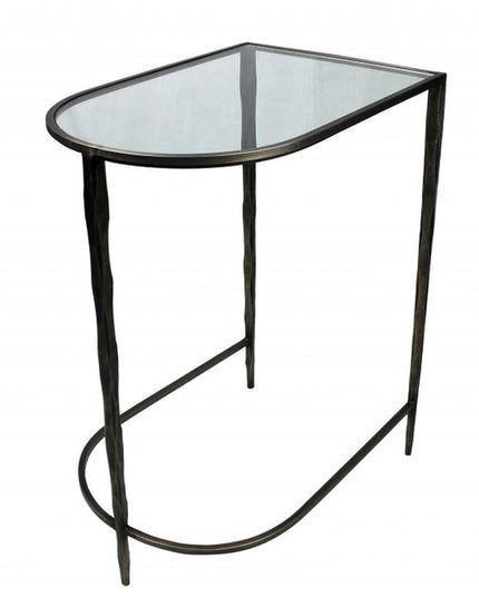 Set of Two 25" Black And Clear Glass And Genuine Marble Half Circle Three Leg Console Table