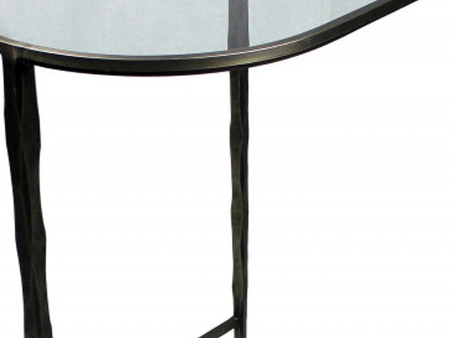 Set of Two 25" Black And Clear Glass And Genuine Marble Half Circle Three Leg Console Table