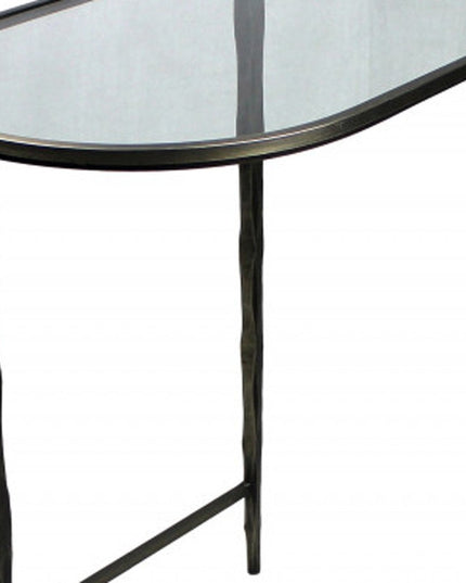 Set of Two 25" Black And Clear Glass And Genuine Marble Half Circle Three Leg Console Table
