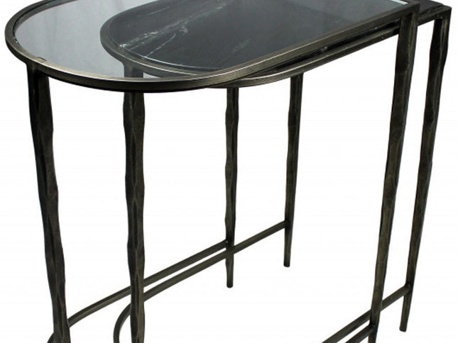 Set of Two 25" Black And Clear Glass And Genuine Marble Half Circle Three Leg Console Table