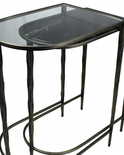 Set of Two 25" Black And Clear Glass And Genuine Marble Half Circle Three Leg Console Table