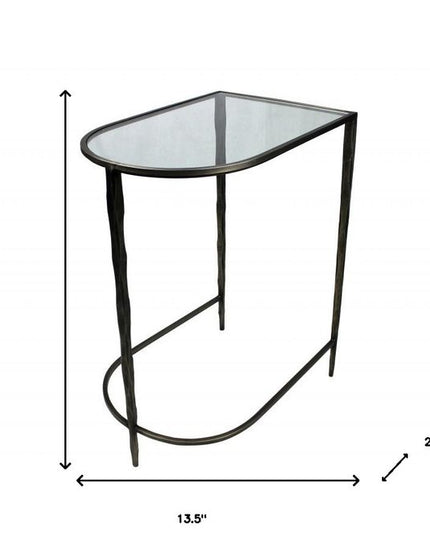 Set of Two 25" Black And Clear Glass And Genuine Marble Half Circle Three Leg Console Table