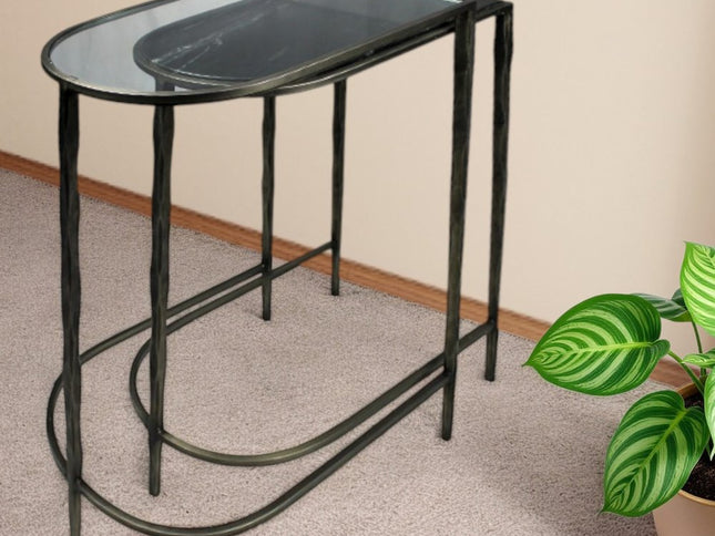 Set of Two 25" Black And Clear Glass And Genuine Marble Half Circle Three Leg Console Table