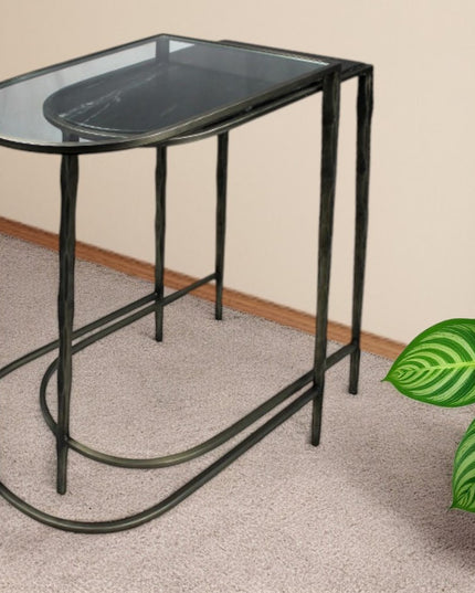 Set of Two 25" Black And Clear Glass And Genuine Marble Half Circle Three Leg Console Table