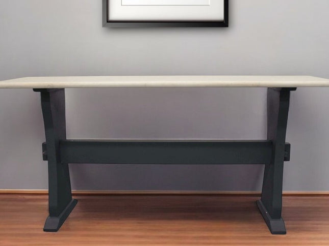 70" Ivory and Black Genuine Marble Trestle Console Table