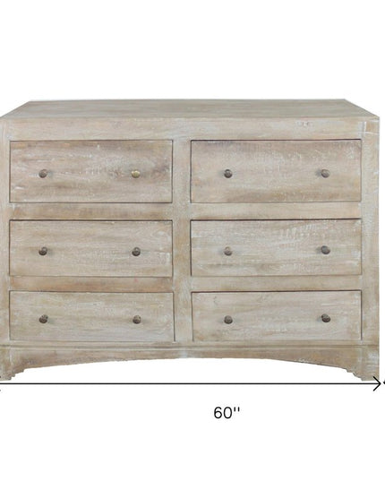 60" Brown Solid Wood Six Drawer Double Dresser