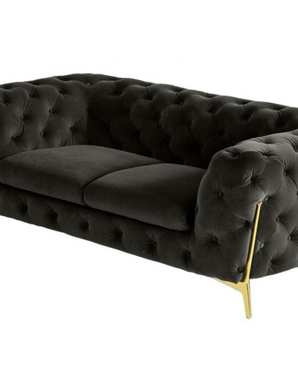 74" Dark Gray And Gold Velour Chesterfield Loveseat