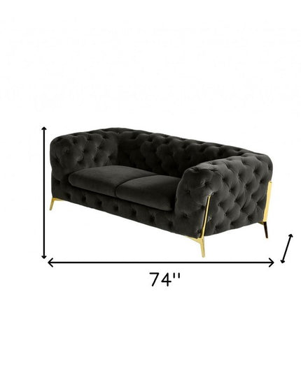 74" Dark Gray And Gold Velour Chesterfield Loveseat