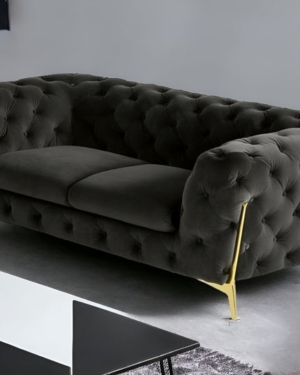74" Dark Gray And Gold Velour Chesterfield Loveseat