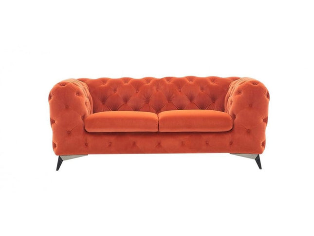 74" Orange And Silver Velvet Chesterfield Loveseat