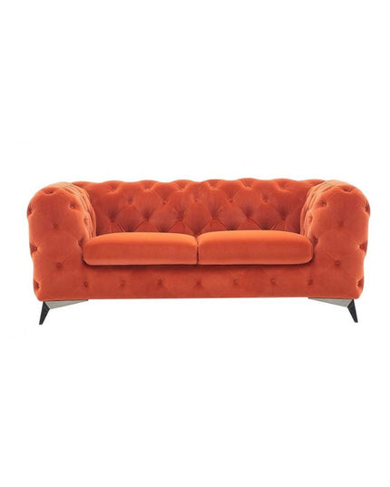 74" Orange And Silver Velvet Chesterfield Loveseat