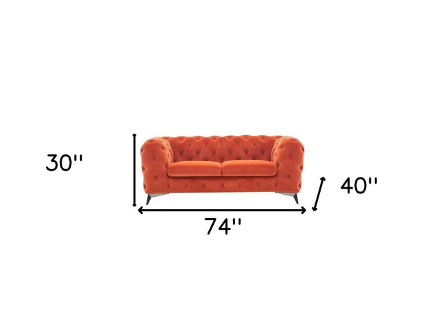 74" Orange And Silver Velvet Chesterfield Loveseat