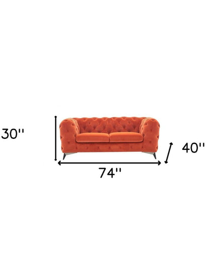 74" Orange And Silver Velvet Chesterfield Loveseat