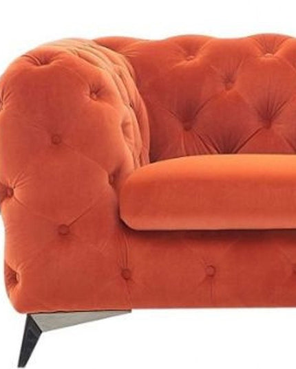 74" Orange And Silver Velvet Chesterfield Loveseat