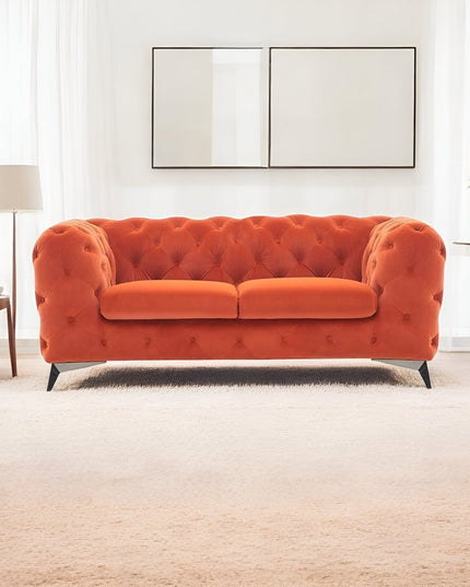 74" Orange And Silver Velvet Chesterfield Loveseat