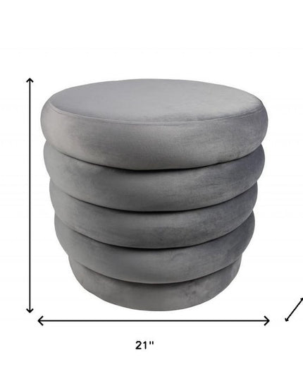 21" Gray Velvet Tufted Round Cocktail Ottoman