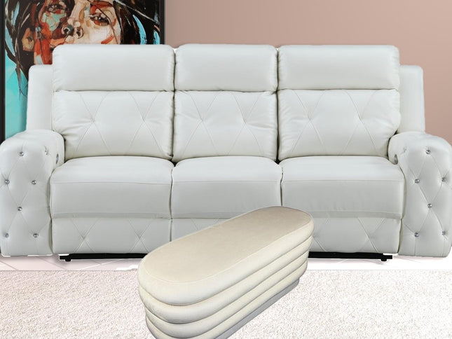 44" White Velvet Tufted Oval Ottoman