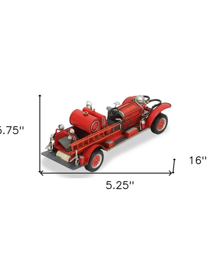 6" Red and Silver Metal Hand Painted 1920's Fire Truck Model Car