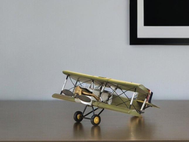 6" Yellow and Green Metal Hand Painted Model Airplane Tabletop Sculpture