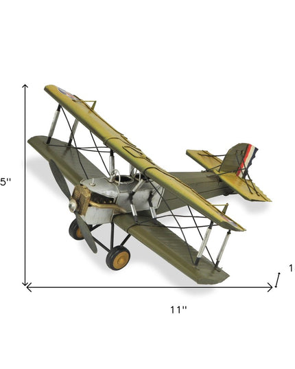 6" Yellow and Green Metal Hand Painted Model Airplane Tabletop Sculpture