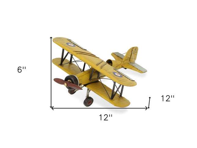 6" Yellow and Black Metal Hand Painted Model Airplane Tabletop Sculpture