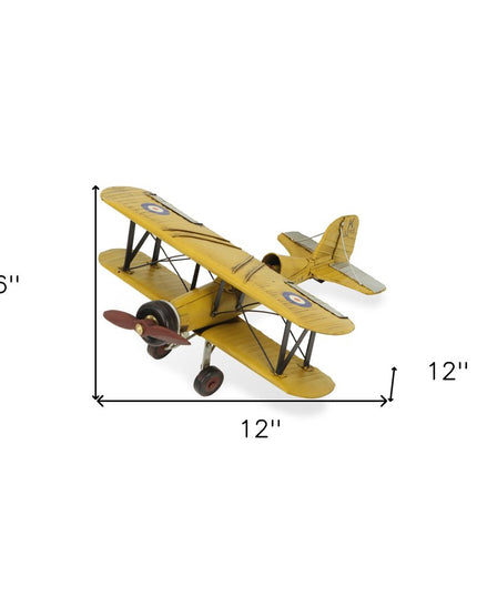 6" Yellow and Black Metal Hand Painted Model Airplane Tabletop Sculpture