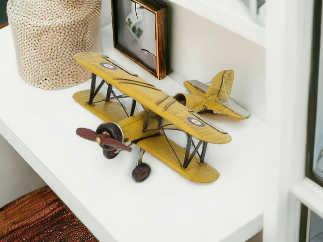 6" Yellow and Black Metal Hand Painted Model Airplane Tabletop Sculpture