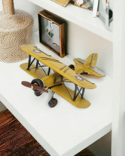 6" Yellow and Black Metal Hand Painted Model Airplane Tabletop Sculpture