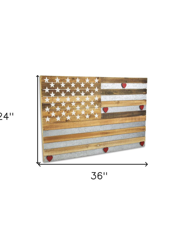 24" X 36" Brown and Gray Stars And Stripes Wood and Metal Hanging Dimensional Sculpture