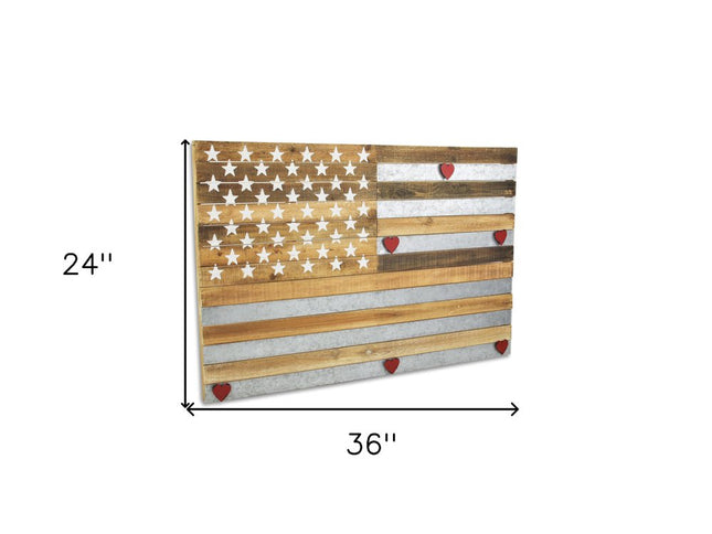 24" X 36" Brown and Gray Stars And Stripes Wood and Metal Hanging Dimensional Sculpture