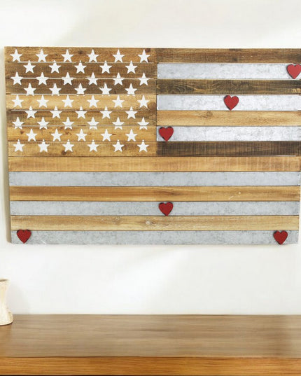 24" X 36" Brown and Gray Stars And Stripes Wood and Metal Hanging Dimensional Sculpture
