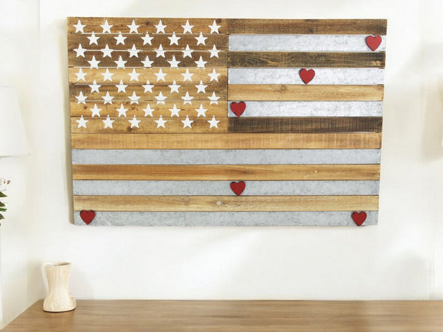 24" X 36" Brown and Gray Stars And Stripes Wood and Metal Hanging Dimensional Sculpture