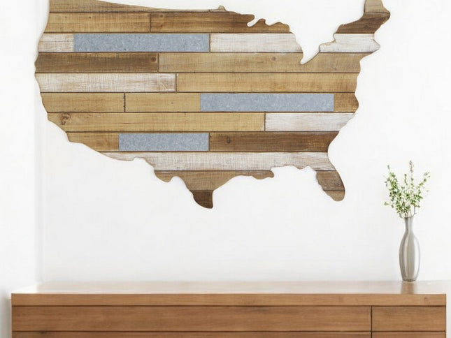 19" X 31" Brown and Gray USA Wood and Metal Hanging Dimensional Sculpture