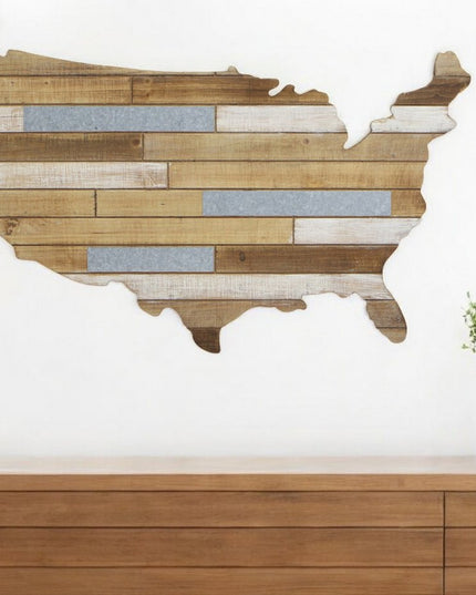 19" X 31" Brown and Gray USA Wood and Metal Hanging Dimensional Sculpture