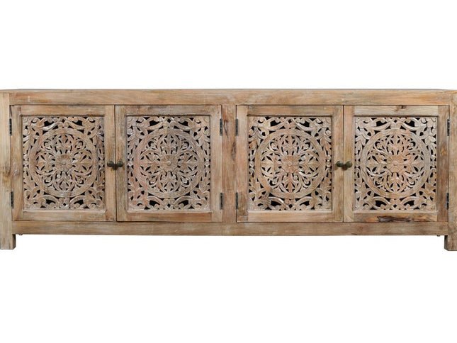 86" Natural Carved Floral Distressed Solid Wood Enclosed Storage TV Stand