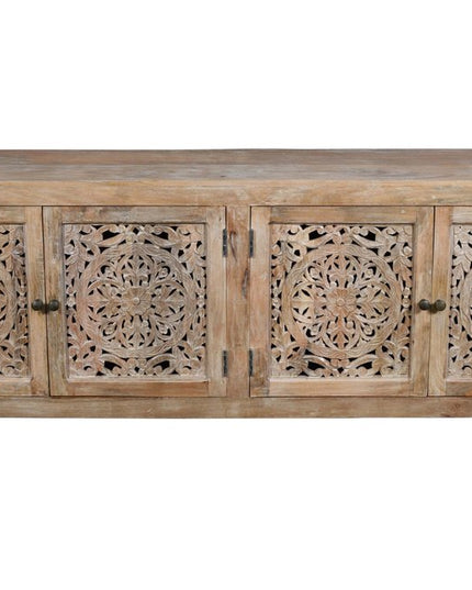 86" Natural Carved Floral Distressed Solid Wood Enclosed Storage TV Stand