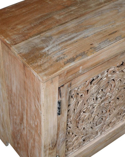 86" Natural Carved Floral Distressed Solid Wood Enclosed Storage TV Stand