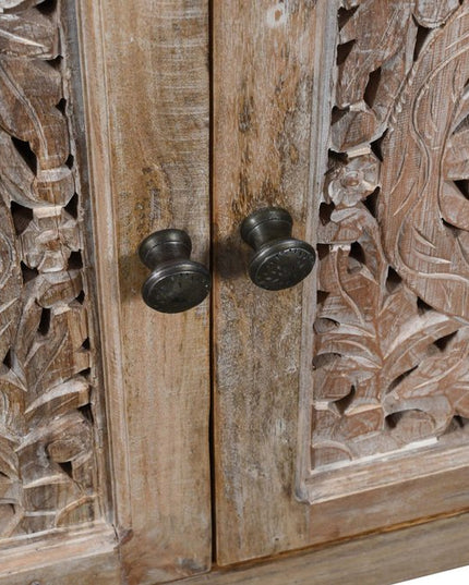 86" Natural Carved Floral Distressed Solid Wood Enclosed Storage TV Stand