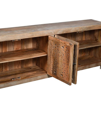 86" Natural Carved Floral Distressed Solid Wood Enclosed Storage TV Stand