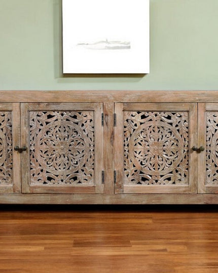 86" Natural Carved Floral Distressed Solid Wood Enclosed Storage TV Stand