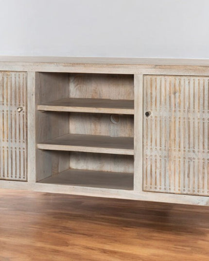 60" Ivory Carved Geometric Distressed Solid Wood Enclosed and Open Storage TV Stand