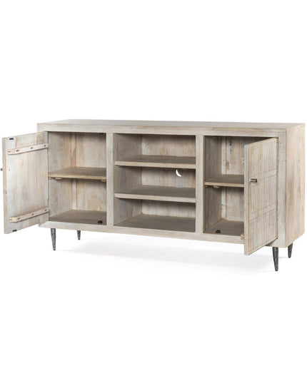 60" Ivory Carved Geometric Distressed Solid Wood Enclosed and Open Storage TV Stand