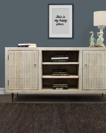 60" Ivory Carved Geometric Distressed Solid Wood Enclosed and Open Storage TV Stand