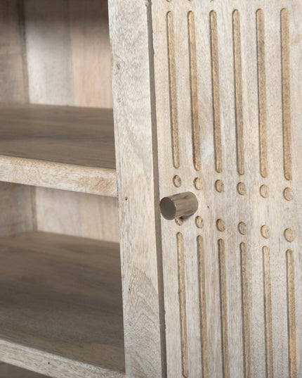 60" Ivory Carved Geometric Distressed Solid Wood Enclosed and Open Storage TV Stand