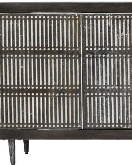 92" Dark Brown Carved Geometric Distressed Solid Wood Enclosed and Open Storage TV Stand