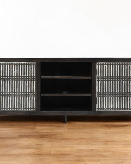 92" Dark Brown Carved Geometric Distressed Solid Wood Enclosed and Open Storage TV Stand