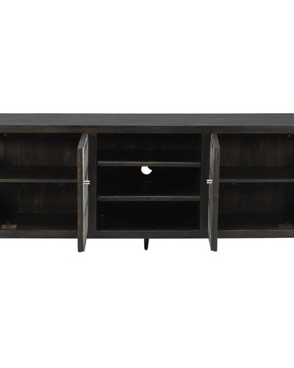 92" Dark Brown Carved Geometric Distressed Solid Wood Enclosed and Open Storage TV Stand